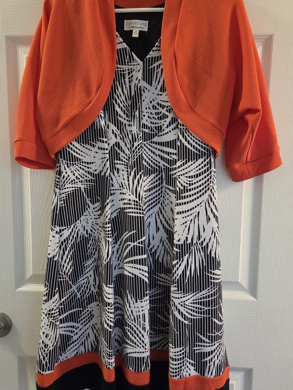 Black & White Palm Print Dress with Orange Bolero